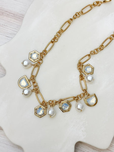 Pearl & Iridescent Stone Charm Necklace