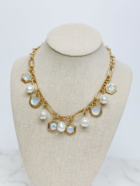 Pearl & Iridescent Stone Charm Necklace