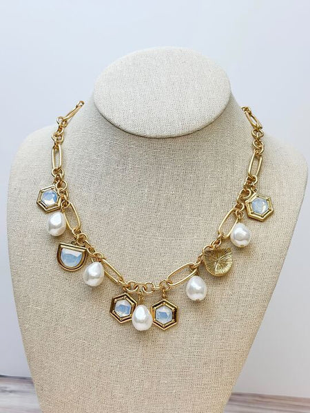 Pearl & Iridescent Stone Charm Necklace