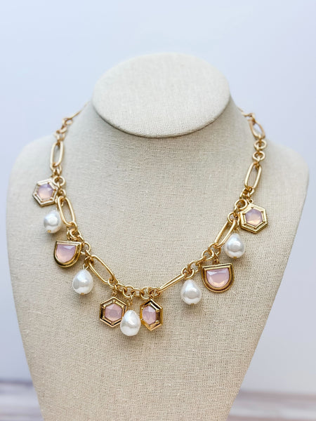 Pearl & Iridescent Stone Charm Necklace