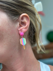 Enamel Pickleball Dangle Earrings - Multi Stripe