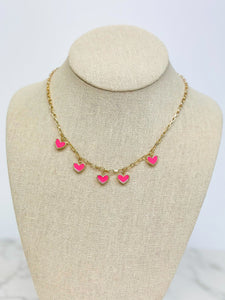 Pink Heart Enamel Dangle Necklace
