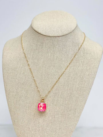 Iridescent Glass Crystal Pendant Necklace - Pink