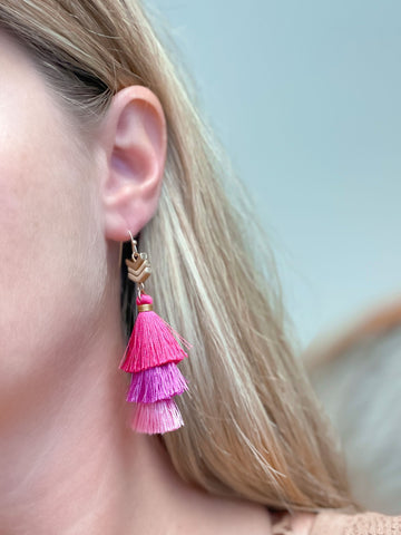 Pink Tassel Tiered Dangle Earrings