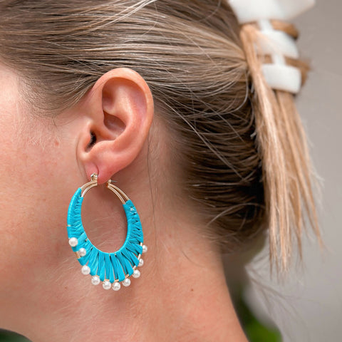 Bright Turquoise Raffia Pearl Hoop Earrings