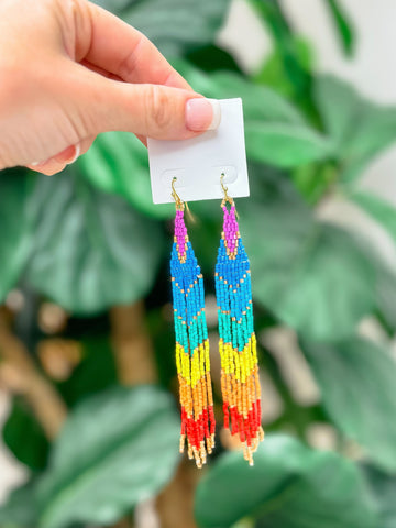 Rainbow Beaded Fringe Dangle Earrings