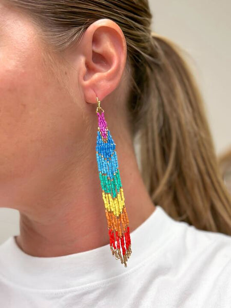 Rainbow Beaded Fringe Dangle Earrings