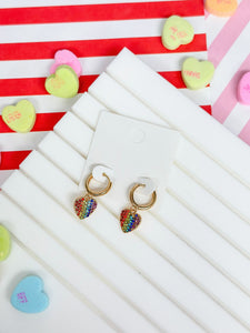 Rainbow Pave Heart Dangle Huggies