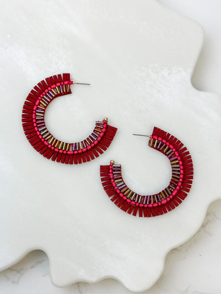 Suede Fringe Beaded Hoop Earrings