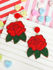 Red Rose Beaded Dangle Earrings