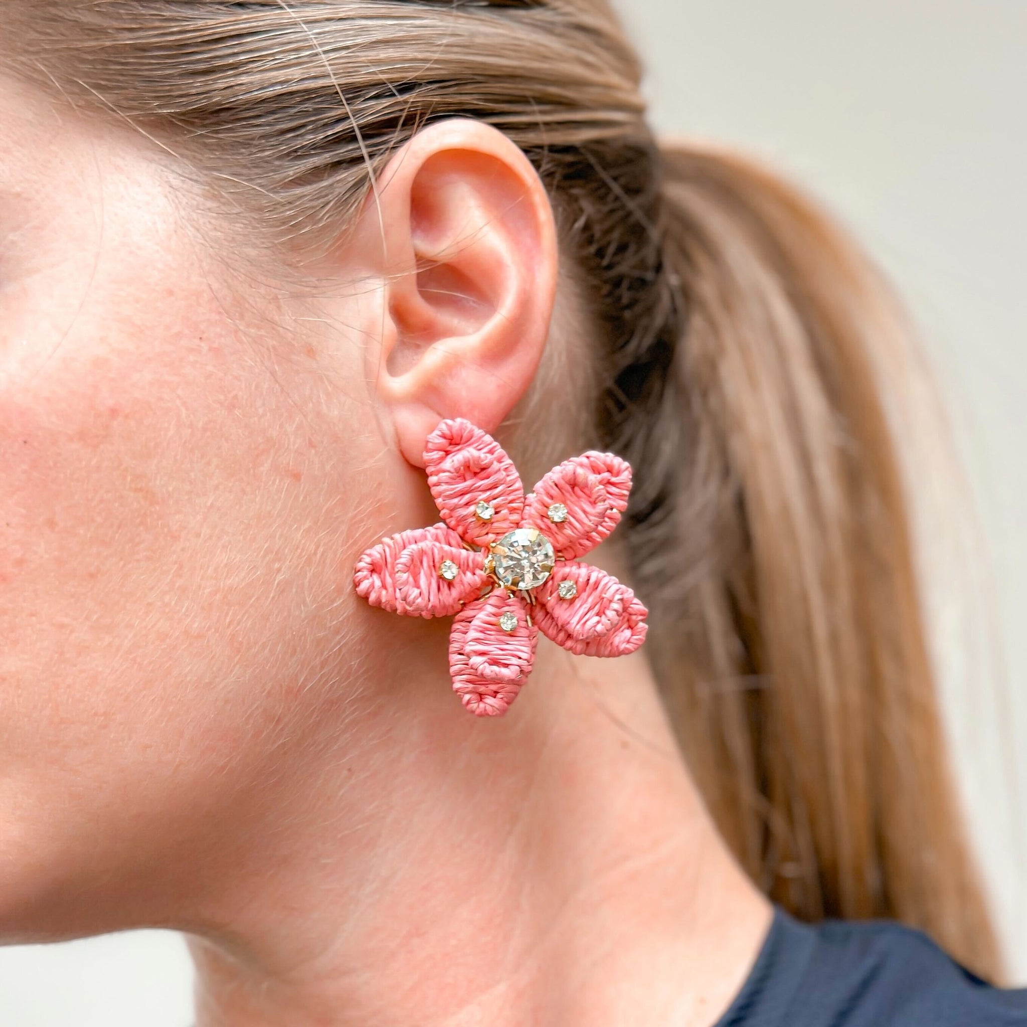 Rhinestone Raffia Flower Statement Earrings