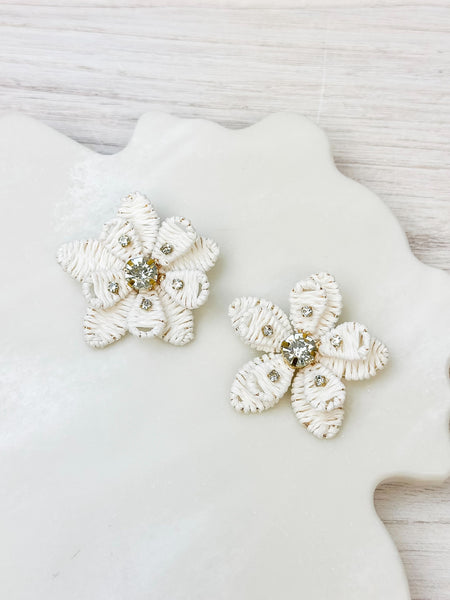 Rhinestone Raffia Flower Statement Earrings