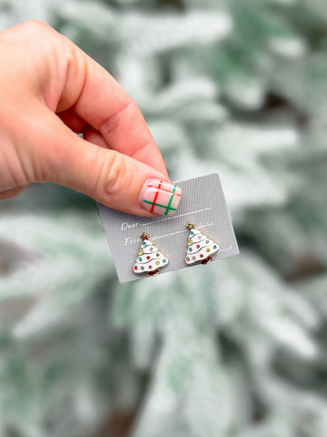 Pave White Christmas Tree Enamel Stud Earrings
