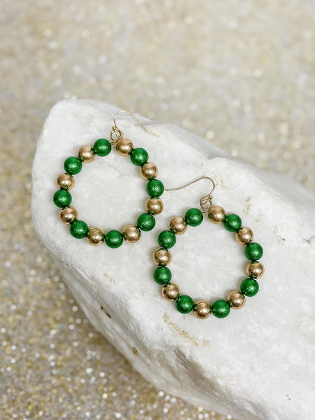 Round Holiday Beaded Dangle Earrings - Green