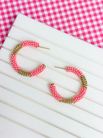 Seed Bead & Rhinestone Hoop Earrings