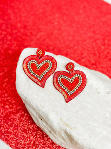 Rhinestone Sequin Heart Statement Earrings - Red