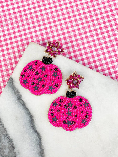 Sequin Star Pumpkin Beaded Dangle Earrings - Pink