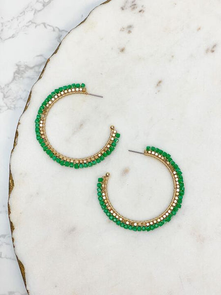 Shiny Bead Holiday Gold Hoop Earrings