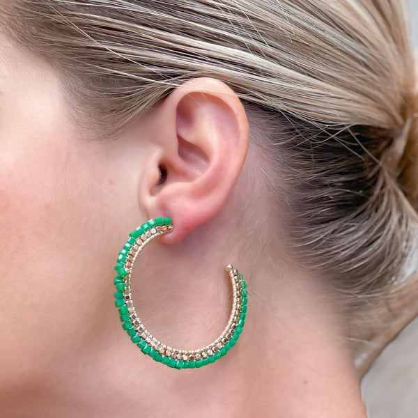 Shiny Bead Holiday Gold Hoop Earrings