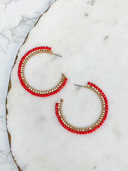 Shiny Bead Holiday Gold Hoop Earrings