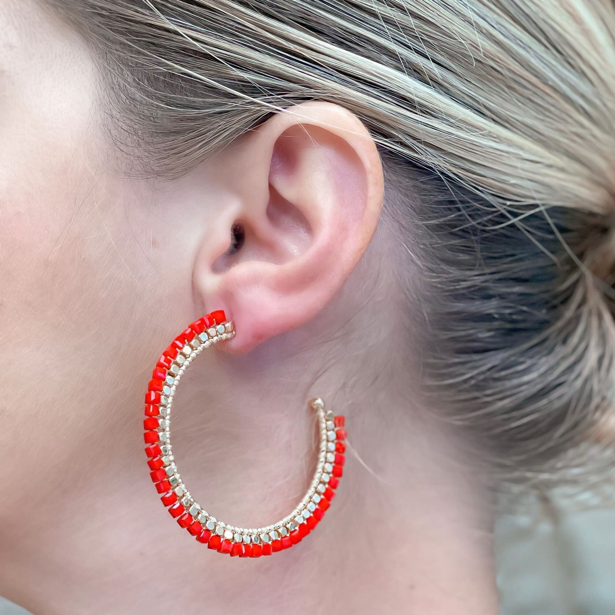 Shiny Bead Holiday Gold Hoop Earrings