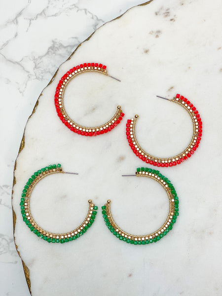 Shiny Bead Holiday Gold Hoop Earrings