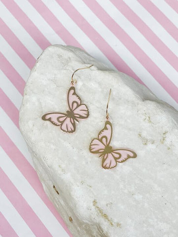 Soft Pink & Gold Butterfly Dangle Earrings