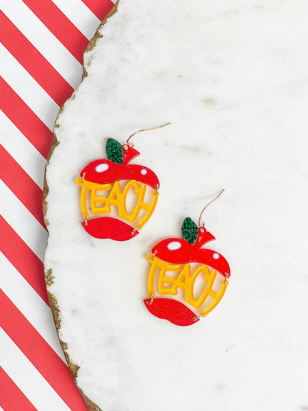 'Teach' Apple Hinged Dangle Earrings