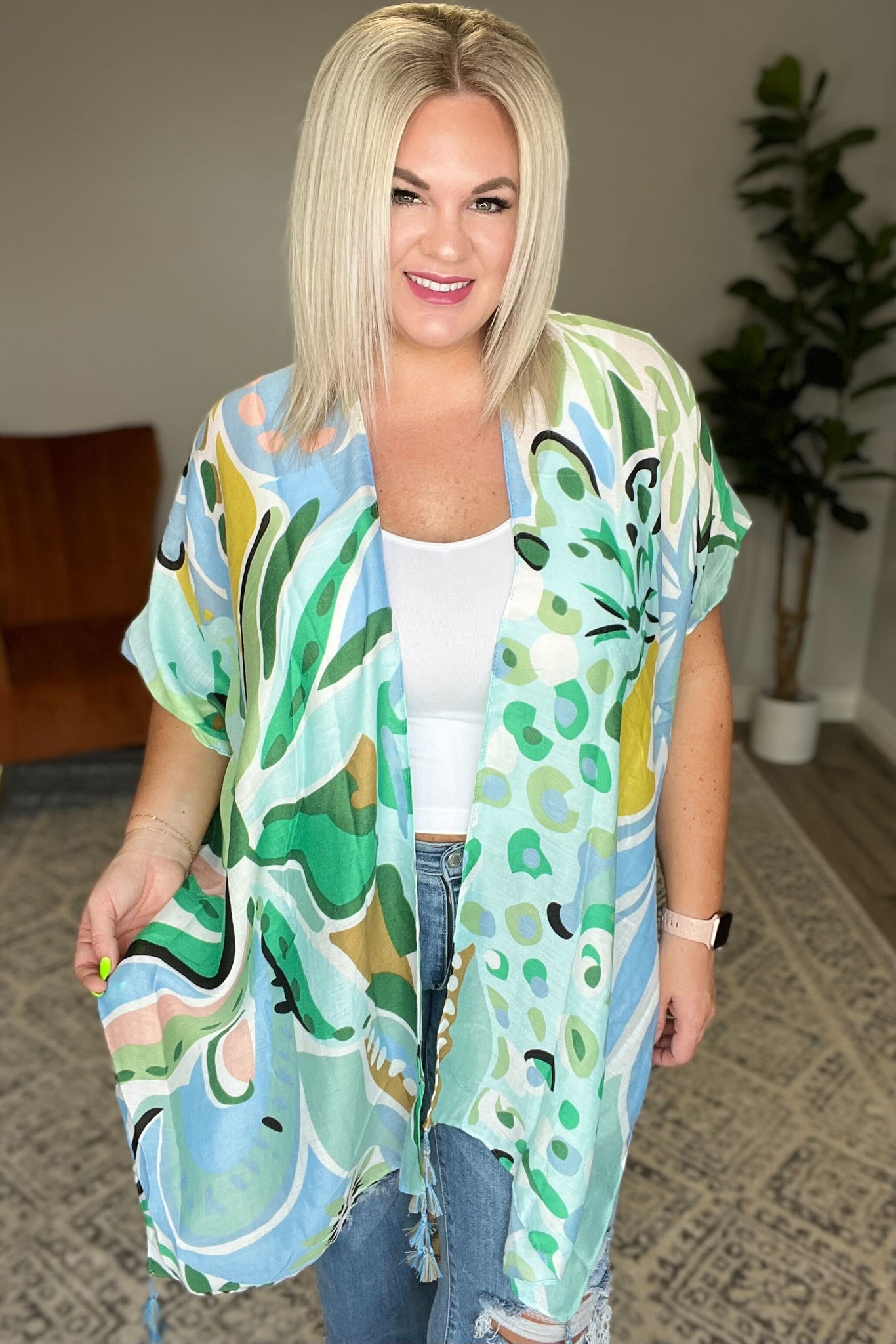 Tropical Floral Print Kimono - Mint