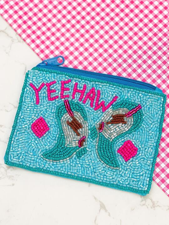 'Yeehaw' Cowgirl Boots Beaded Zip Pouch - Blue