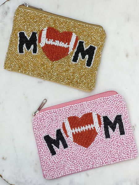 Football Heart 'Mom' Beaded Zip Pouch