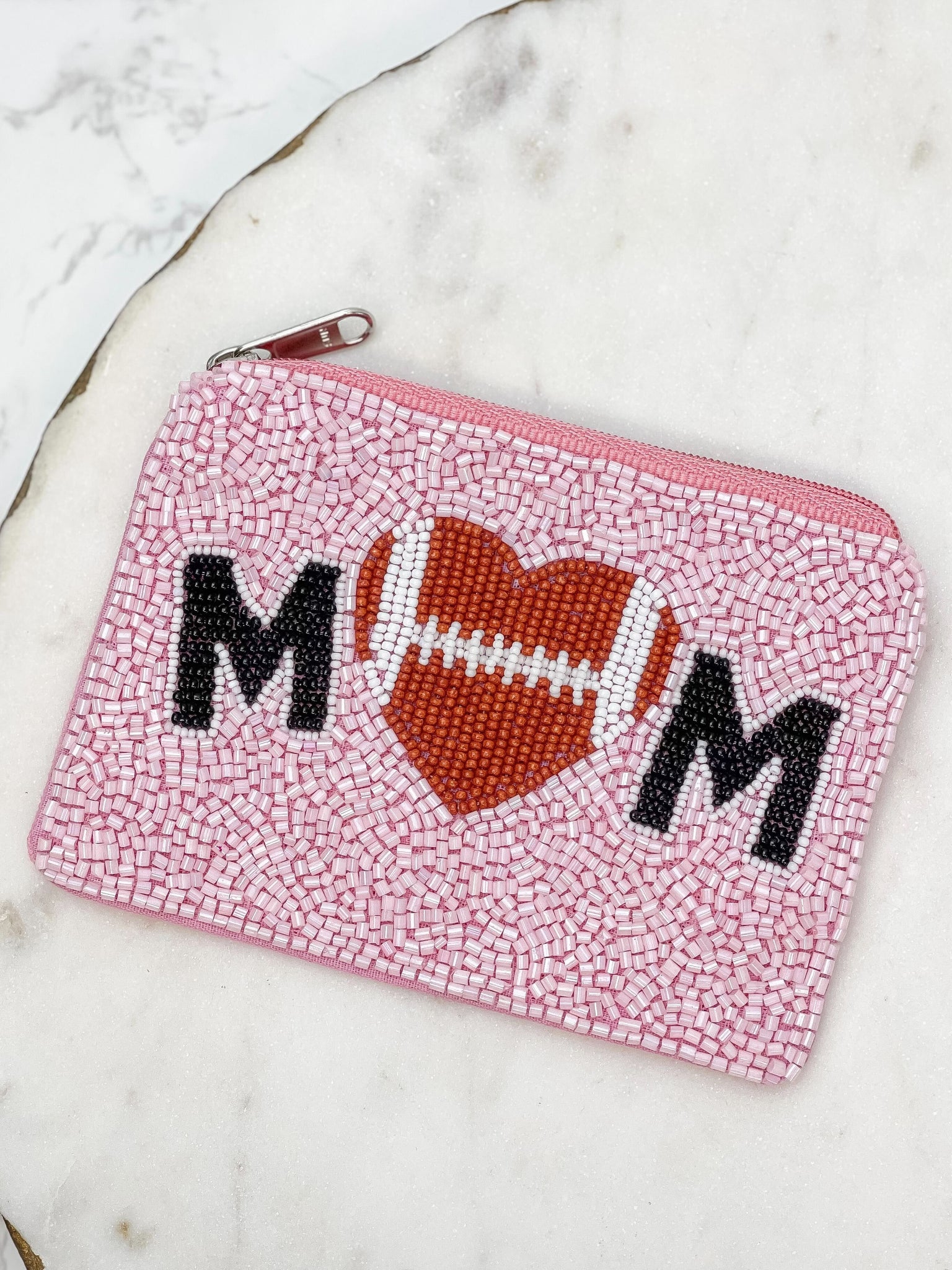 Football Heart 'Mom' Beaded Zip Pouch