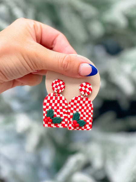 Red & White Checkered Clay Dangle Earrings