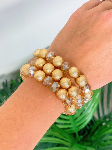 Gold Pearl & Crystal Bead Bracelet Stack