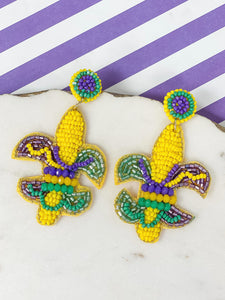 Mardi Gras Fleur De Lis Beaded Dangle Earrings