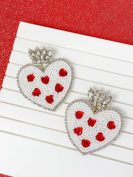 Red & White Heart Rhinestone & Bead Statement Earrings
