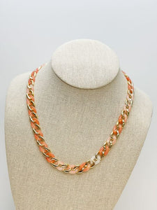 Petite Shiny Gold Link Acrylic Necklace - Coral