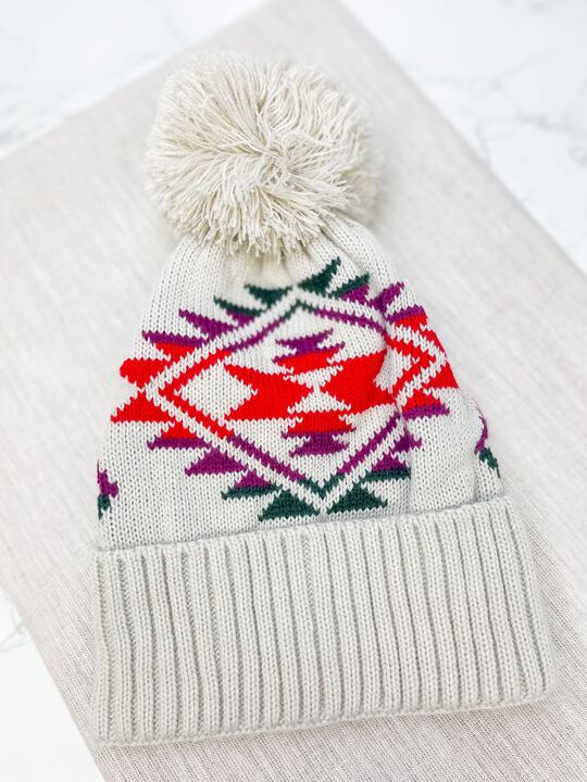 Aztec Pom Pom Beanie - Cream