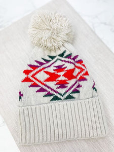 Aztec Pom Pom Beanie - Cream