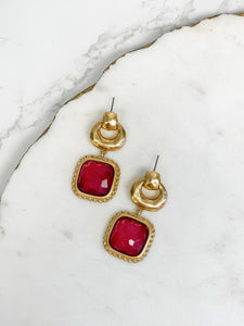 Golden Square Red Jewel Drop Earrings