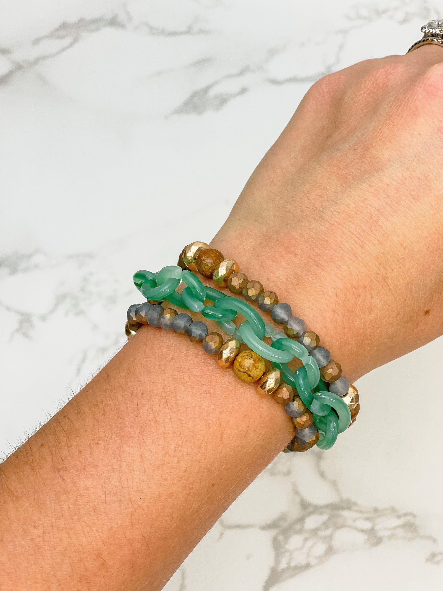 Stone Chain & Glass Bead Stretch Bracelet Sets