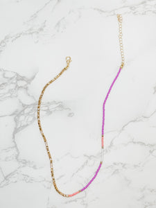 Bead & Metal Mixed Necklace - Purple & Gold
