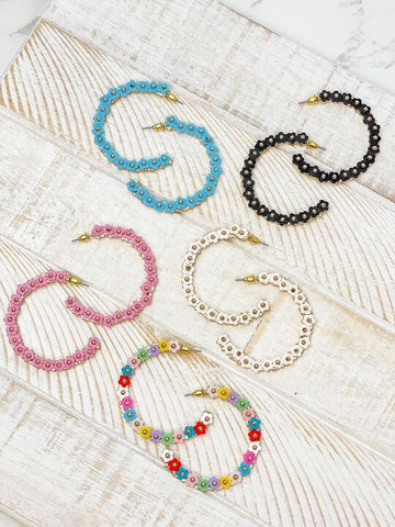 Beaded Mini Flower Lined Hoop Earrings