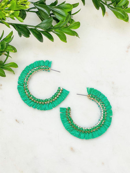 Beaded Raffia Hoop Earrings