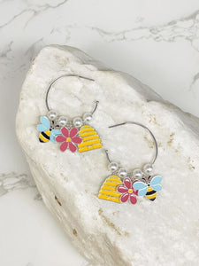 Bee Charm Pearl Hoop Earrings