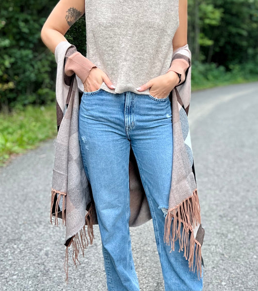 Beige Plaid Fringe Shrug