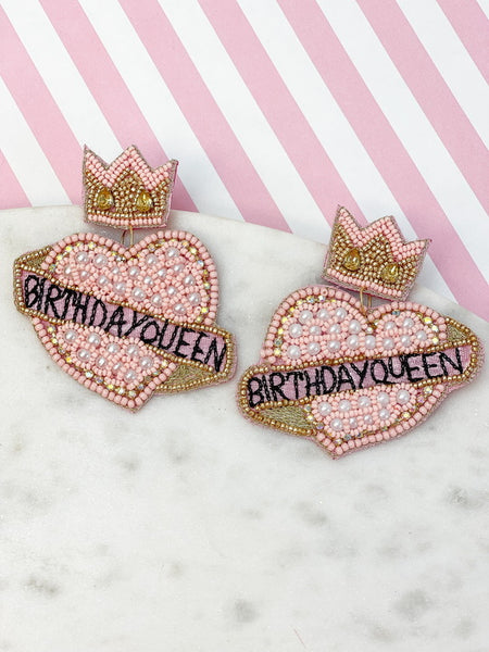 'Birthday Queen' Heart Beaded Dangle Earrings