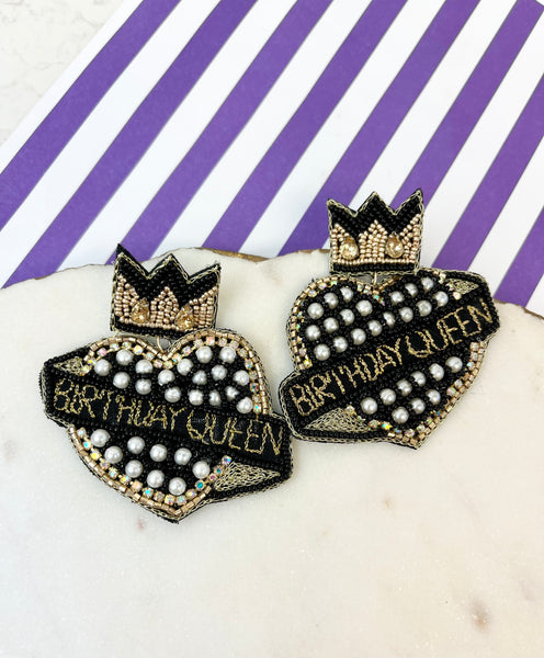 'Birthday Queen' Heart Beaded Dangle Earrings