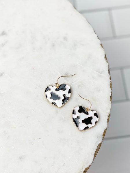 Cow Print Heart Enamel Dangle Earrings