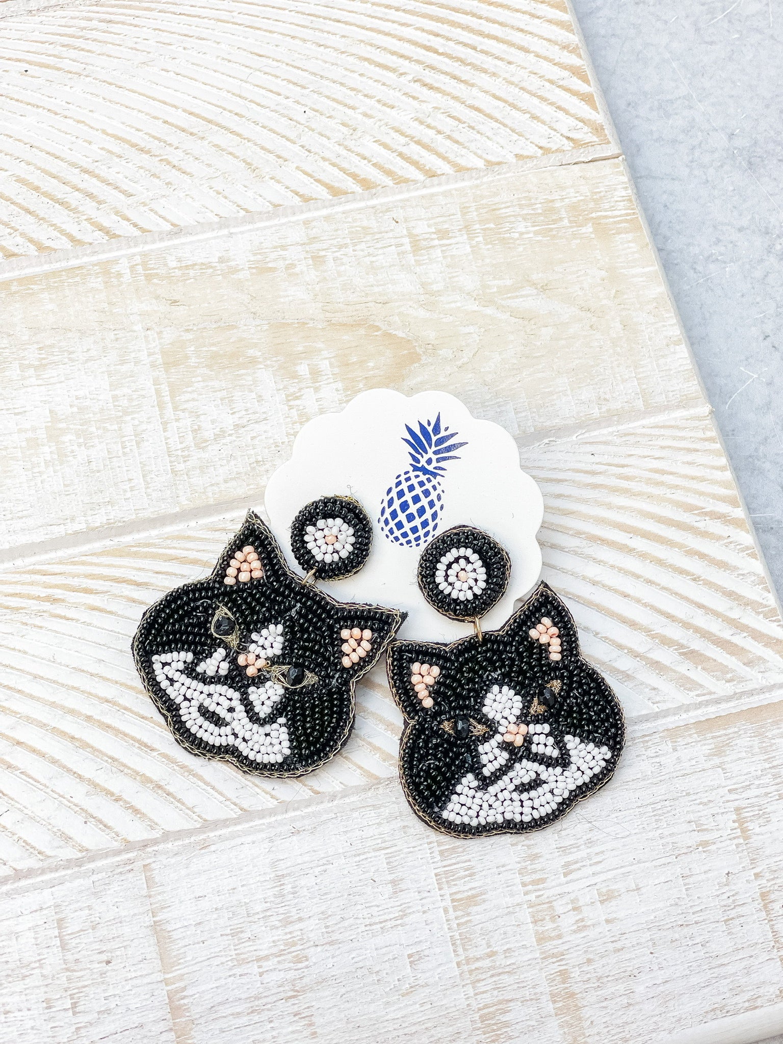 Cat Seed Bead Dangle Earrings - Black & White